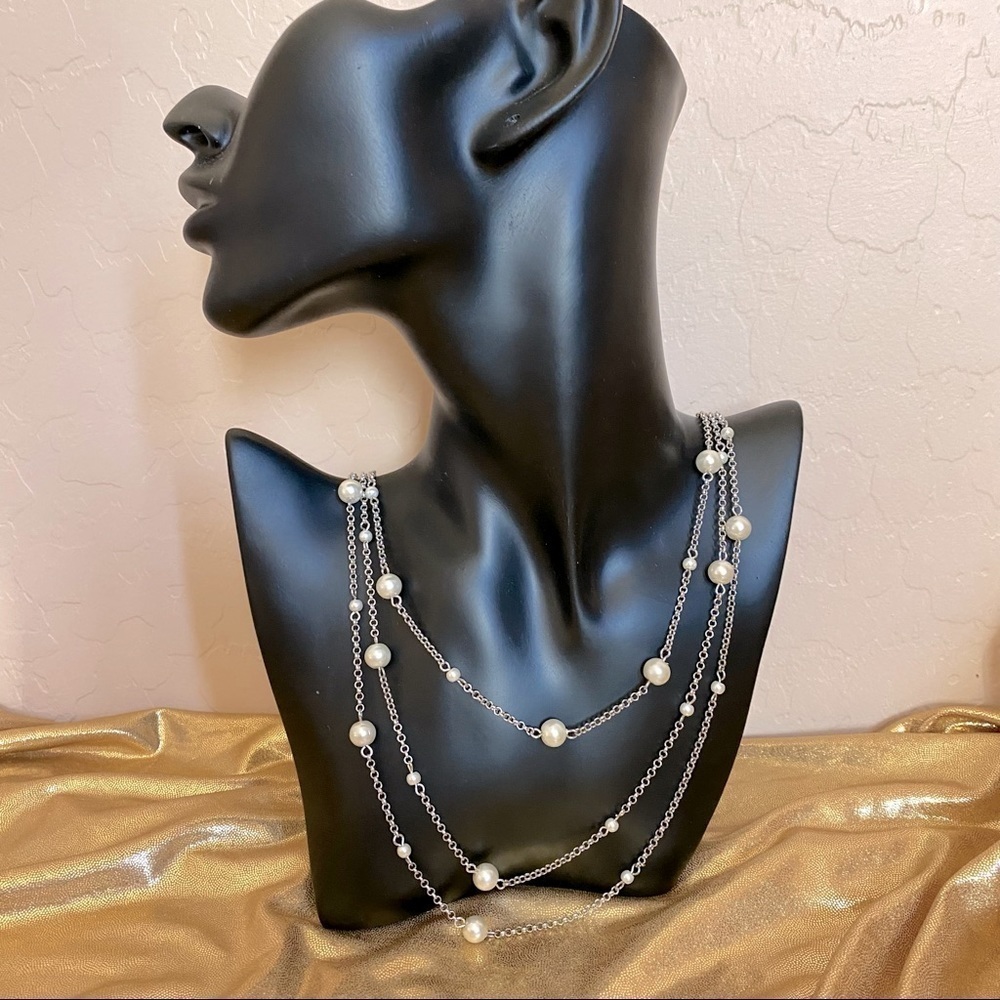 Three tiered opera length silver tone necklace with faux pearl beads. 36” -  38”